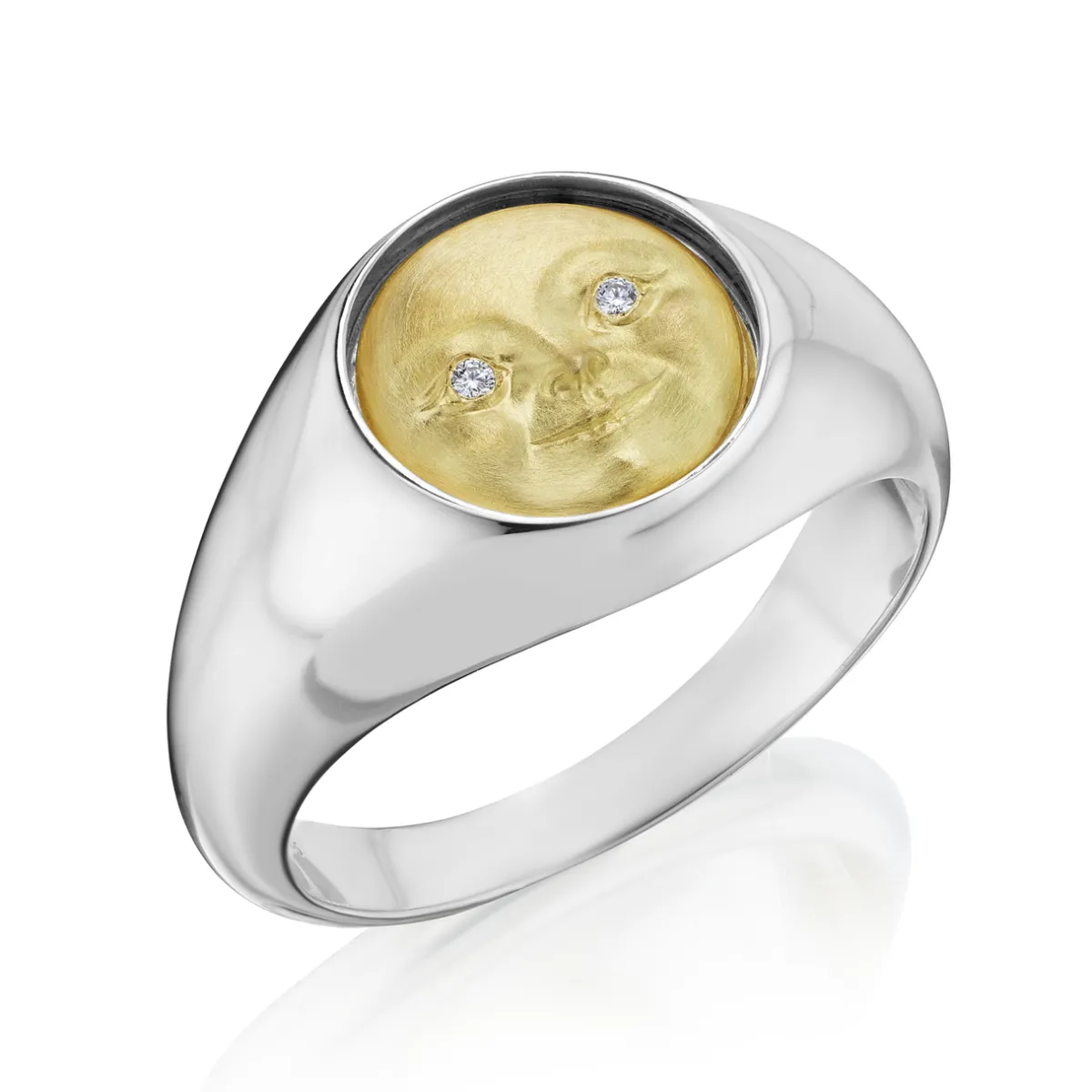 Tomfoolery Silver & Gold Small Moonface Signet Ring New