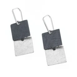 Tomfoolery Silver & Oxidised Silver Square Drop Earrings New
