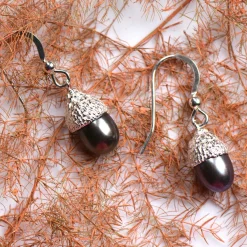 Tomfoolery Silver & Purple Pearl Acorn Drop Earrings Hot
