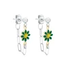 Tomfoolery Silver Daisy Paperclip Earrings in Green Clearance