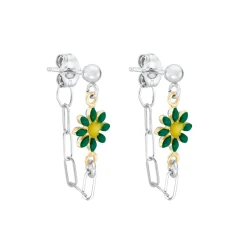Tomfoolery Silver Daisy Paperclip Earrings in Green Clearance
