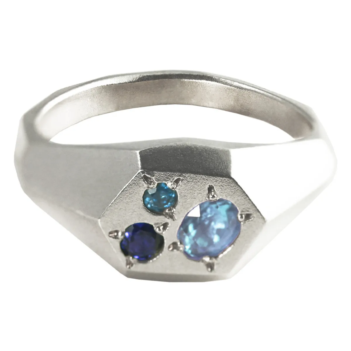 Tomfoolery Silver Faceted Signet Ring with Aquamarine, Topaz & Sapphire Online