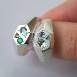 Tomfoolery Silver Faceted Signet Ring with Aquamarine, Topaz & Sapphire Online