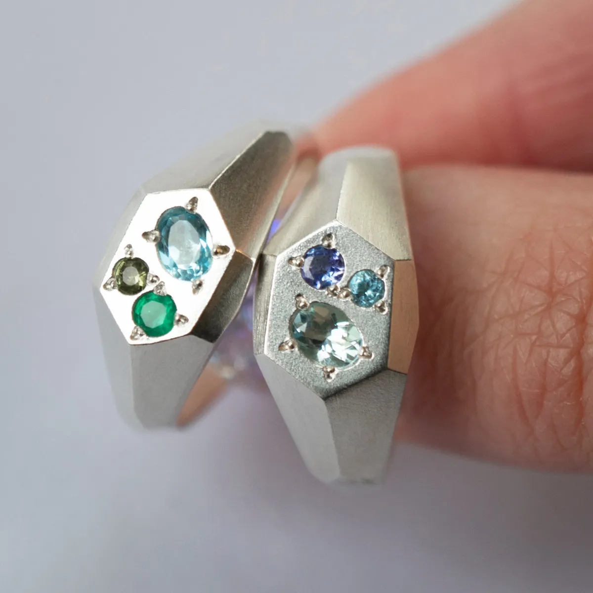 Tomfoolery Silver Faceted Signet Ring with Aquamarine, Topaz & Sapphire Online