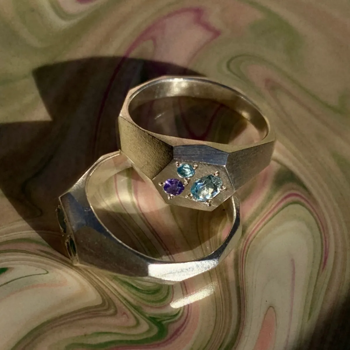Tomfoolery Silver Faceted Signet Ring with Aquamarine, Topaz & Sapphire Online