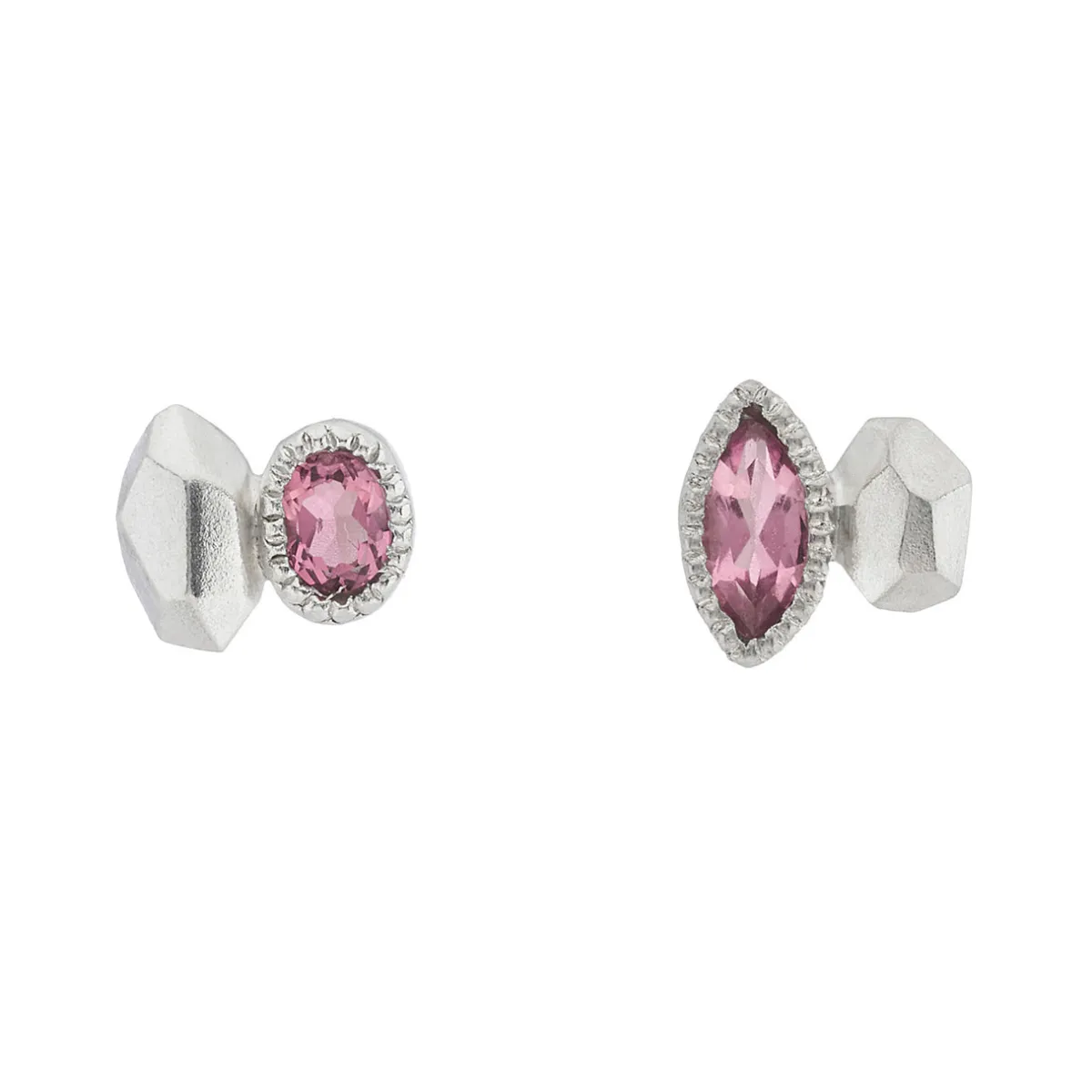 Tomfoolery Silver Marquise Irregular Studs with Pink Tourmaline Clearance