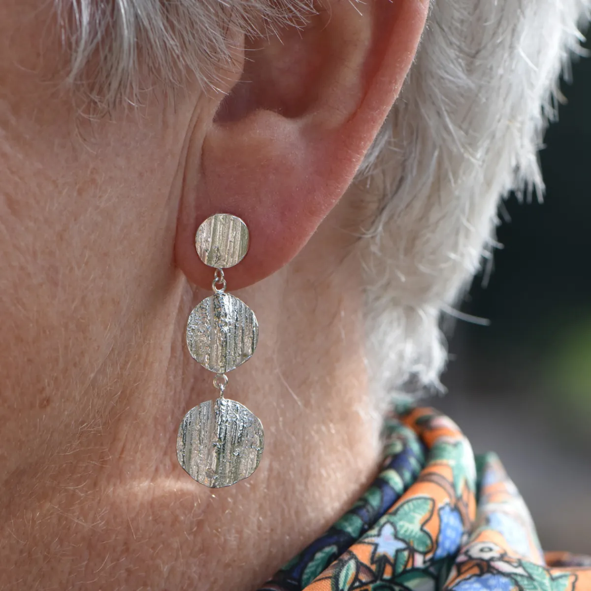 Tomfoolery Silver Oak Triple Disc Drop Earrings New