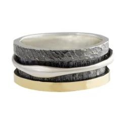 Tomfoolery Silver, Oxidised Silver and Gold Curve Spinning Ring 1 Outlet