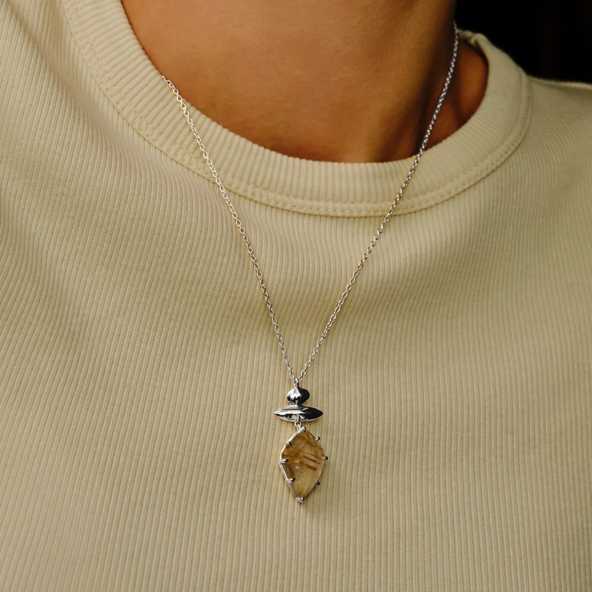 Tomfoolery Silver Pebble Rutilated Quartz Balance Pendant Fashion
