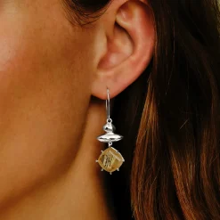 Tomfoolery Silver Pebble Rutilated Quartz Balance Drop Earrings Discount