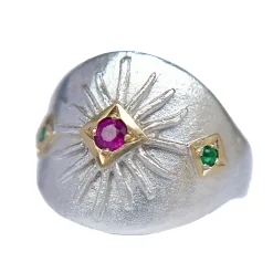 Tomfoolery Silver, Ruby & Emerald Shield Signet Ring Best