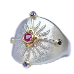 Tomfoolery Silver, Ruby & Sapphire Shield Signet Ring Clearance