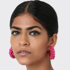 Tomfoolery Small Fluoro Green Beaded Flower Hoops New
