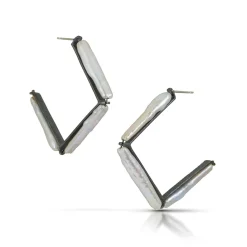 Tomfoolery Small Oxidised Silver & Pearl Carved Angle Hoops Sale