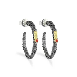Tomfoolery Small Oxidised Silver, Gold & Ruby Textured Hoops Online
