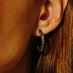 Tomfoolery Small Oxidised Silver, Gold & Ruby Textured Hoops Online