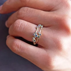 Tomfoolery Sparkler Double Band Ring with Blue Sapphire + Emerald Clearance
