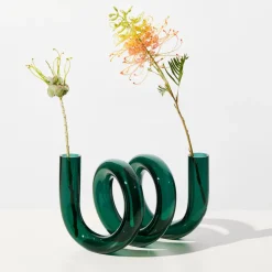 Tomfoolery Teal Curly Glass Vase New