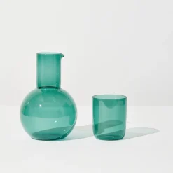 Tomfoolery Teal Glass Belly Carafe + Cup Set Online