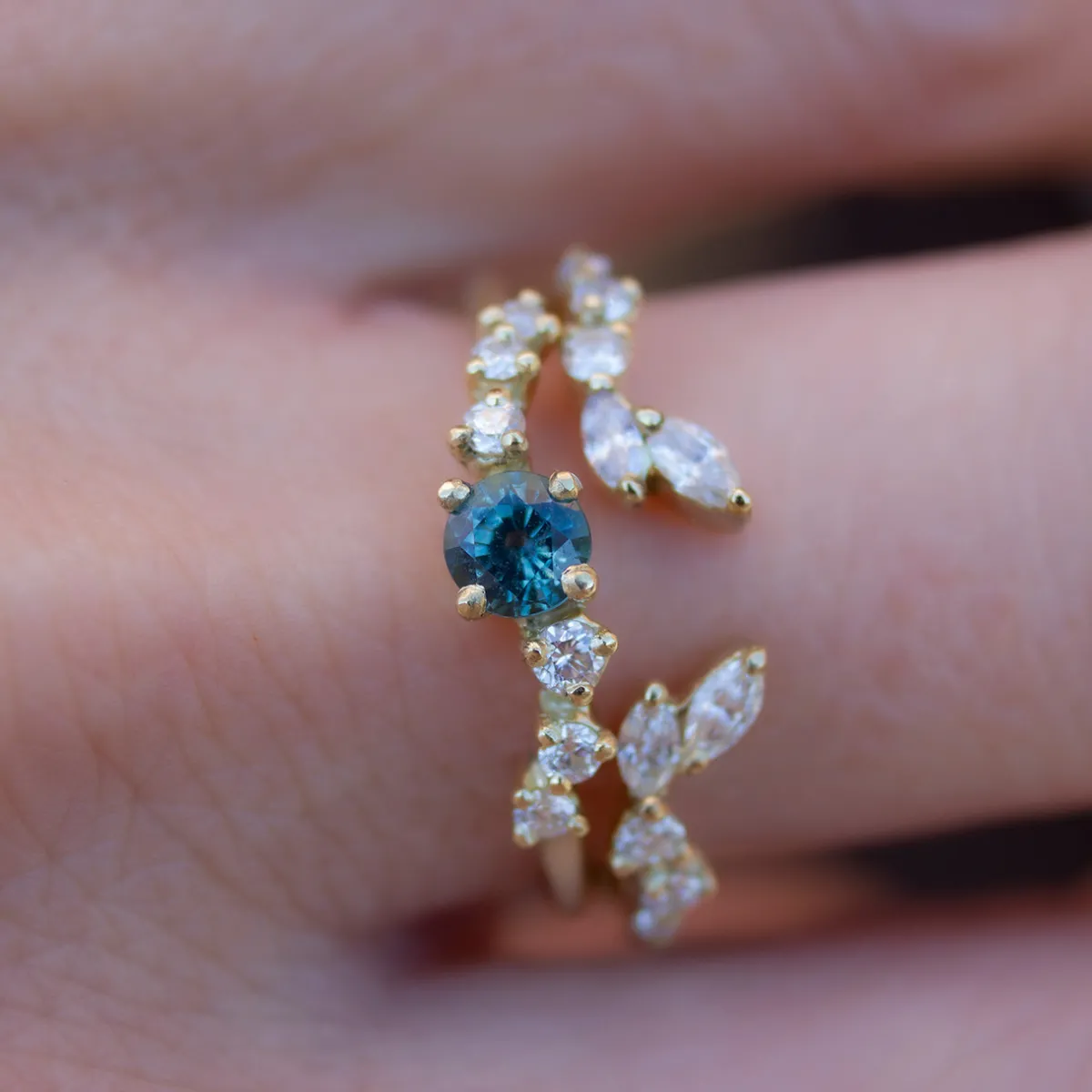 Tomfoolery Teal Sapphire & Diamond Namika Ring Discount