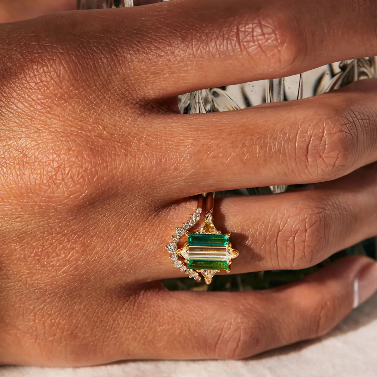 Tomfoolery Tf exclusive Five stone Diamond and Emerald Theda hex ring Online