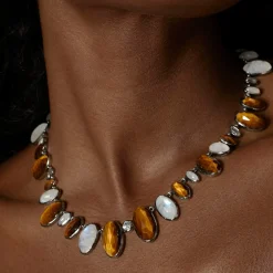 Tomfoolery Tiger’s Eye, Moonstone & White Zircon Oval Link Rivière Necklace Hot