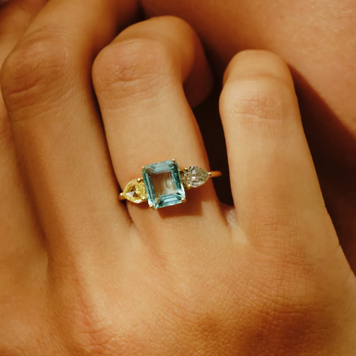 Tomfoolery TRIO Beryl, Yellow & Salt and Pepper Diamond Three Stone Ring Clearance