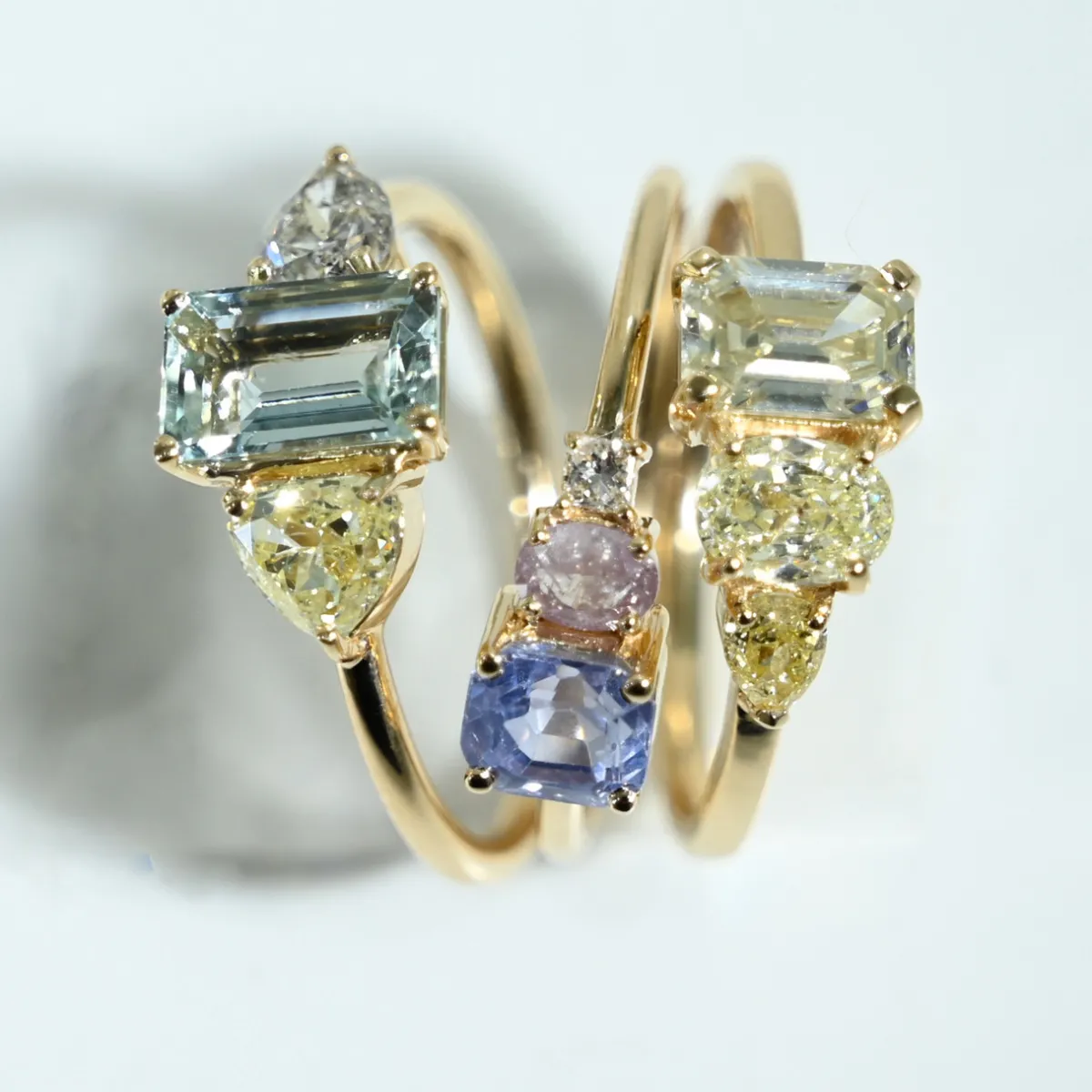 Tomfoolery TRIO Beryl, Yellow & Salt and Pepper Diamond Three Stone Ring Clearance