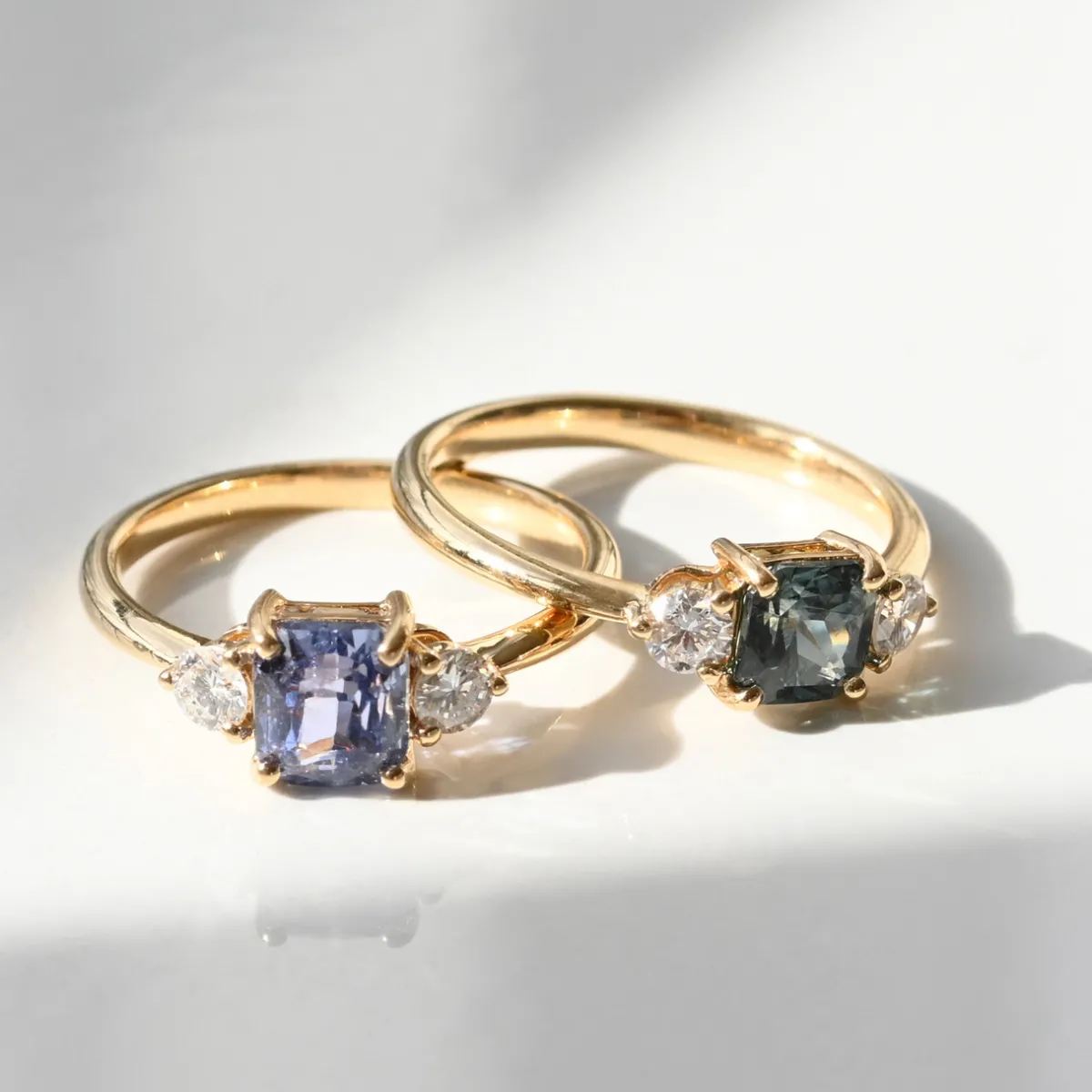 Tomfoolery TRIO Blue Octagon Sapphire & Diamond Three Stone Ring Outlet