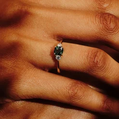 Tomfoolery TRIO 1.01ct Cushion Teal Sapphire & Round Diamond Three Stone Ring Clearance