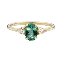 Tomfoolery TRIO 0.93ct Green Sapphire & Champagne Diamond Three Stone Ring Clearance