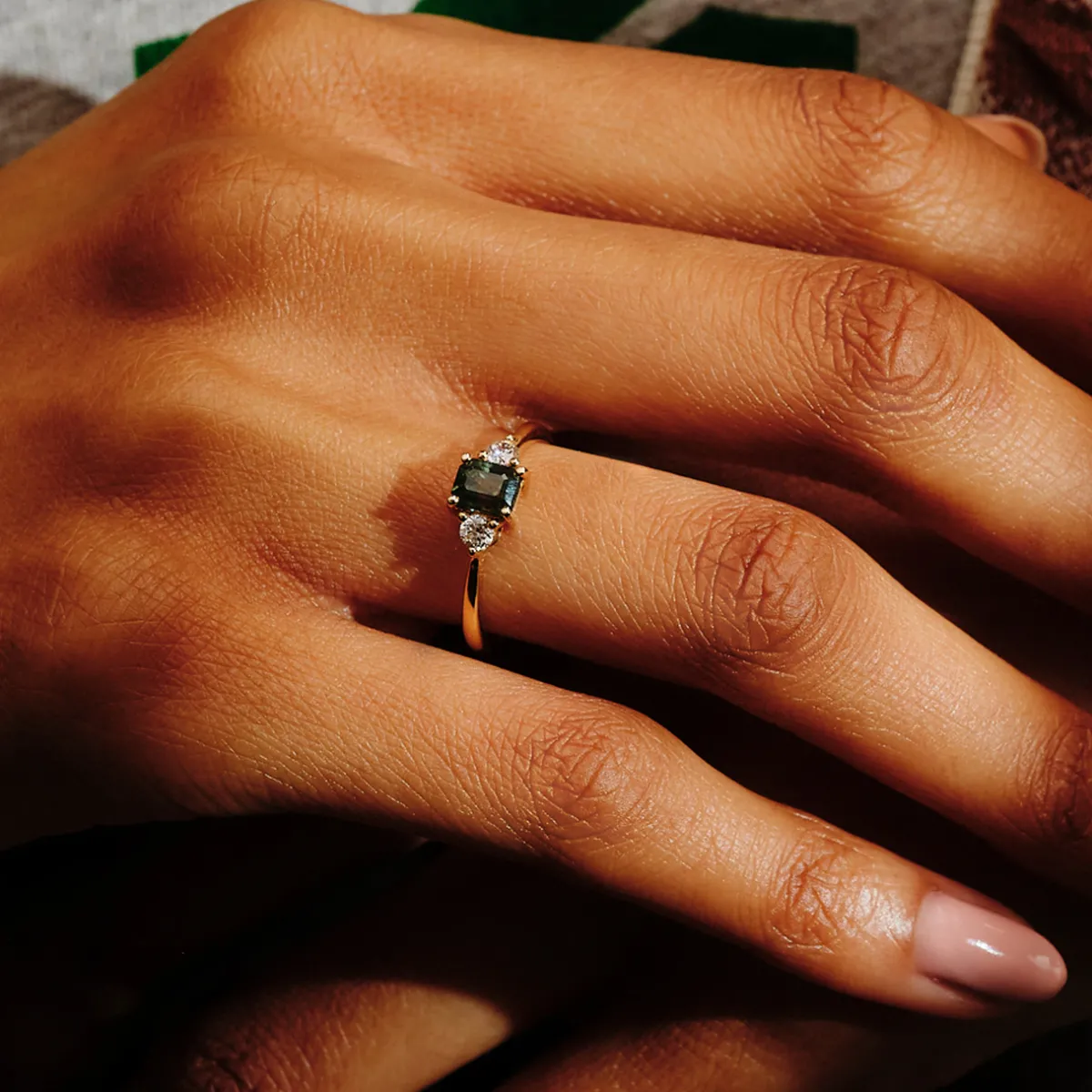 Tomfoolery TRIO 0.95ct Green Sapphire & Round Diamond Three Stone Ring Discount