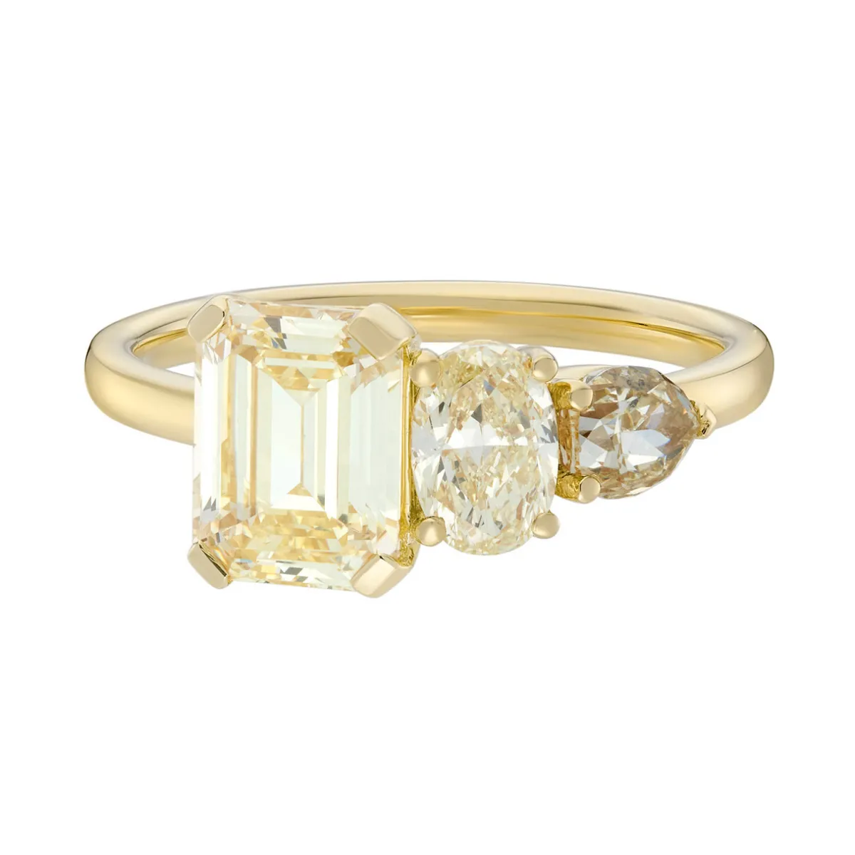 Tomfoolery TRIO Emerald Cut Yellow Diamond Asymmetrical Three Stone Ring Discount