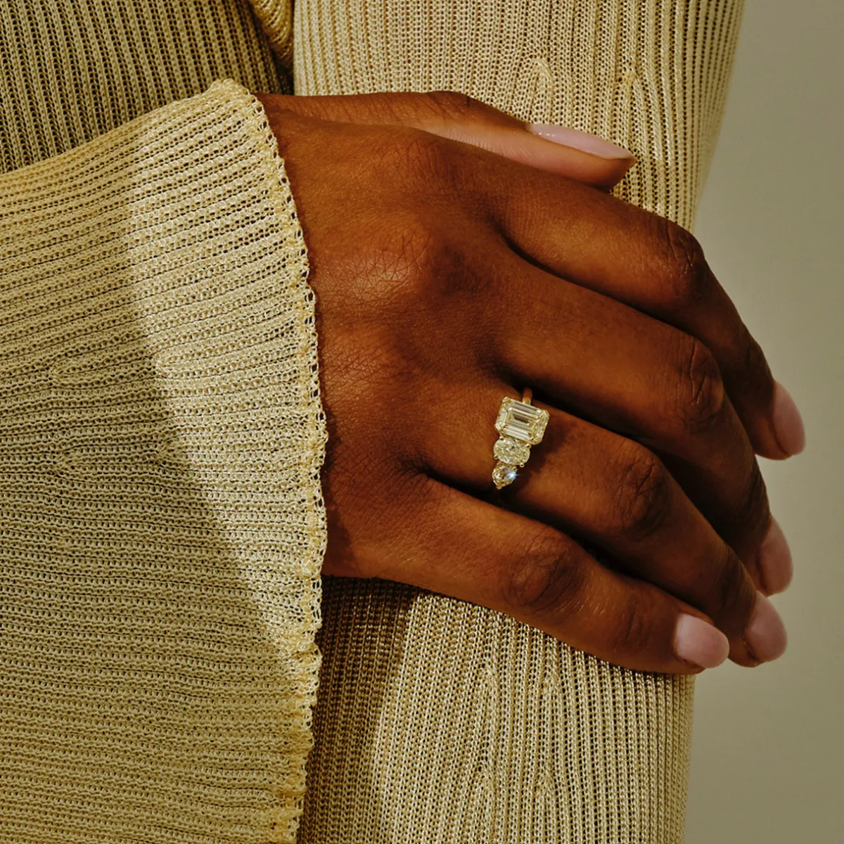 Tomfoolery TRIO Emerald Cut Yellow Diamond Asymmetrical Three Stone Ring Discount