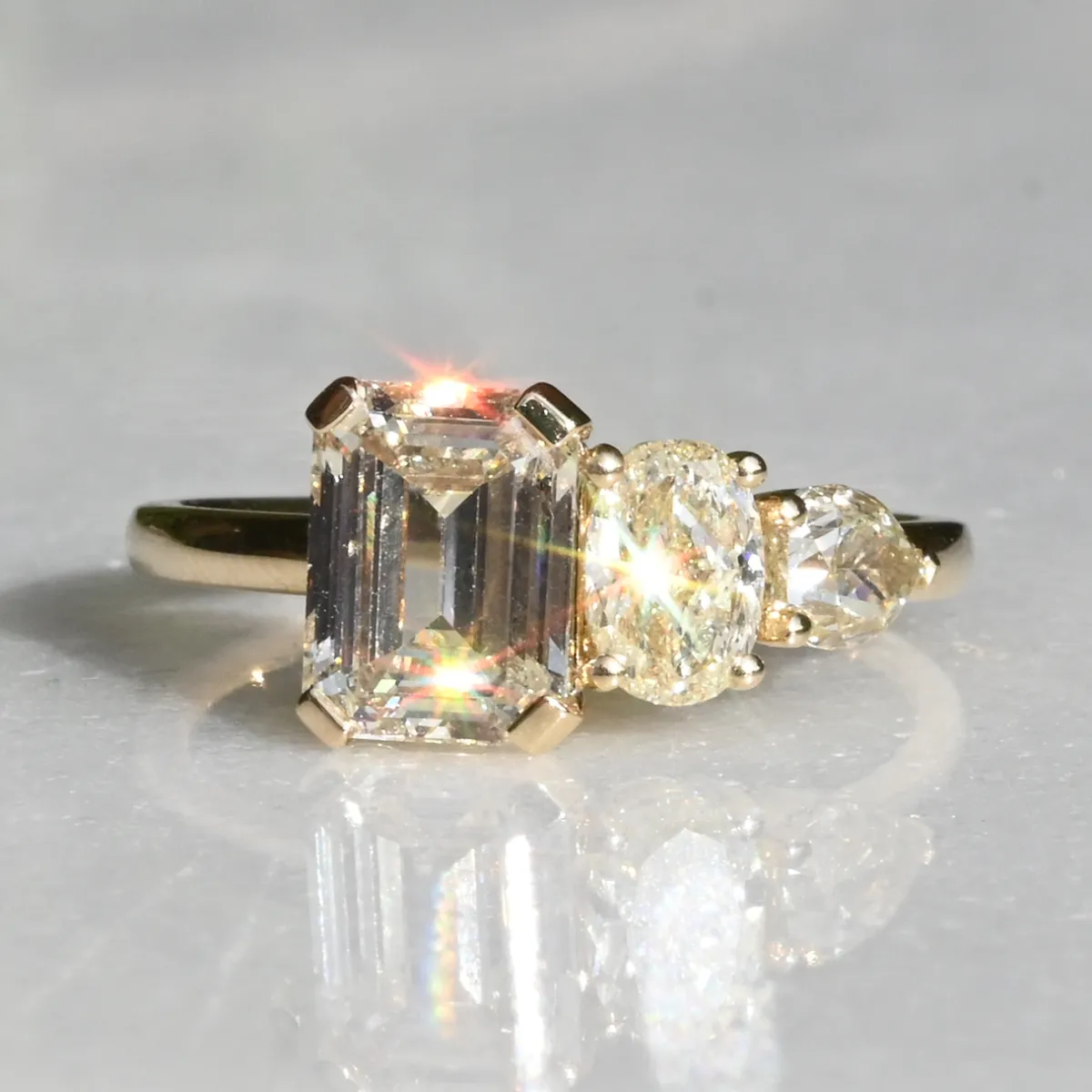 Tomfoolery TRIO Emerald Cut Yellow Diamond Asymmetrical Three Stone Ring Discount