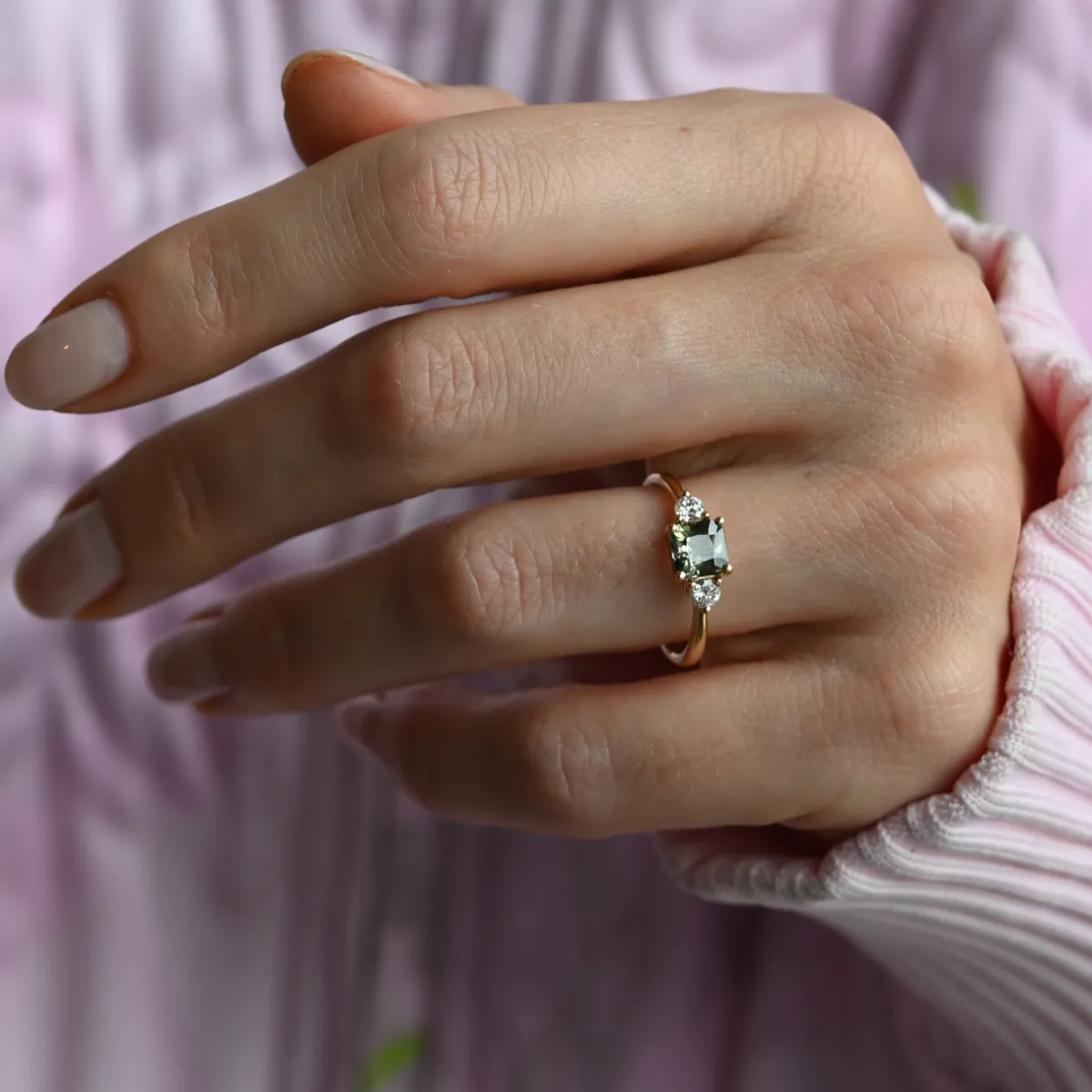 Tomfoolery TRIO Green Sapphire and Diamond Three Stone Ring Hot
