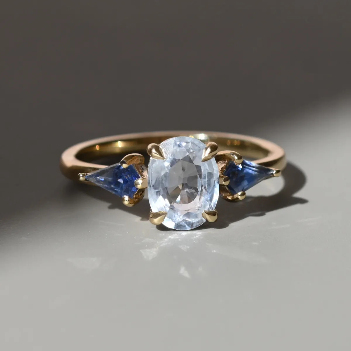 Tomfoolery TRIO Ice Blue Sapphire & Kite Three Stone Ring Sale