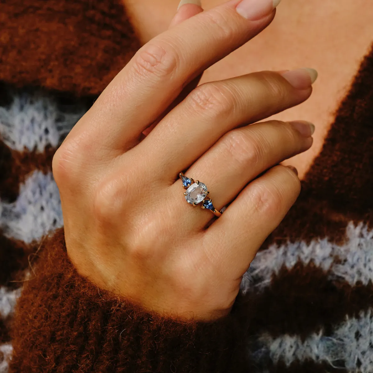 Tomfoolery TRIO Ice Blue Sapphire & Kite Three Stone Ring Sale