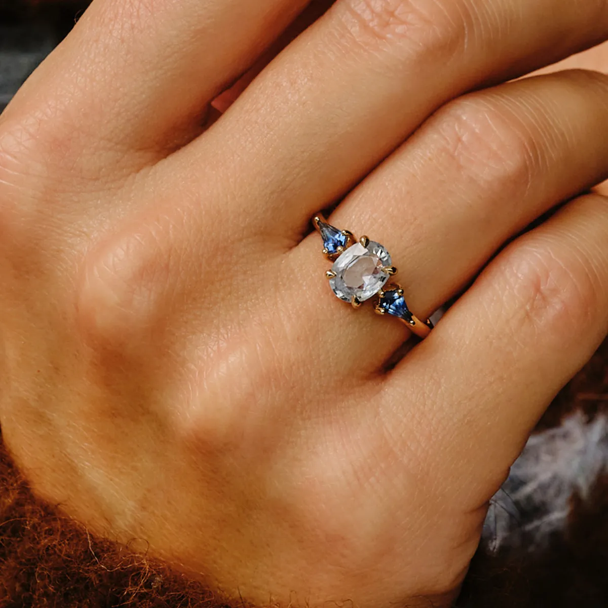 Tomfoolery TRIO Ice Blue Sapphire & Kite Three Stone Ring Sale