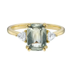 Tomfoolery TRIO Light Green Cushion Sapphire & Diamond Three Stone Ring Discount