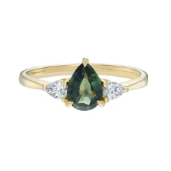 Tomfoolery TRIO Pear Cut Green Sapphire & Diamond Three Stone Ring Outlet