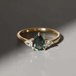 Tomfoolery TRIO Pear Cut Green Sapphire & Diamond Three Stone Ring Outlet