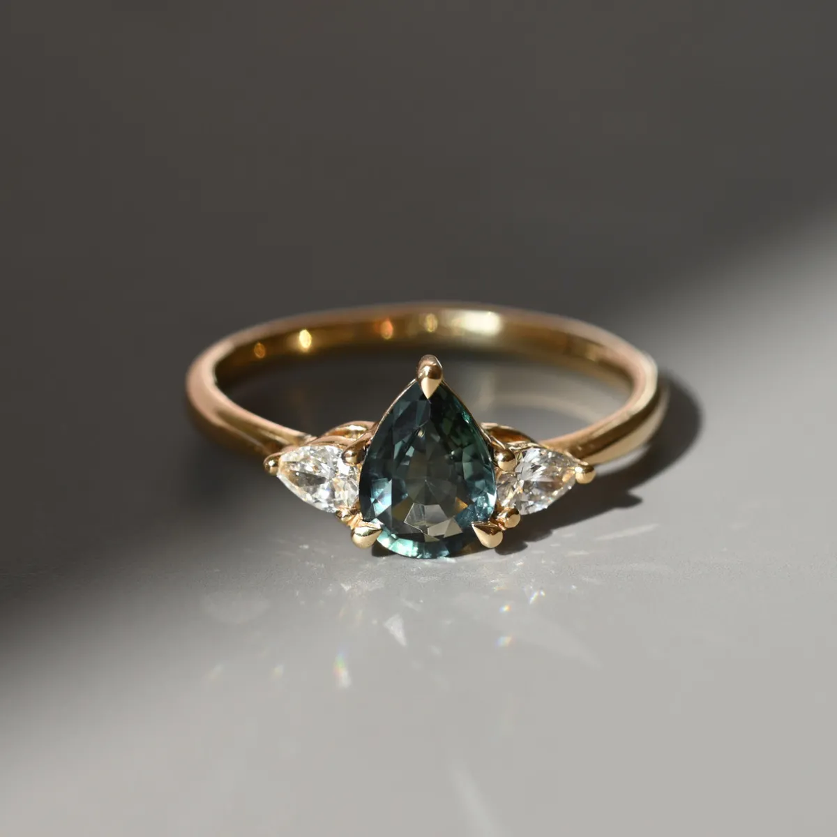 Tomfoolery TRIO Pear Cut Green Sapphire & Diamond Three Stone Ring Outlet