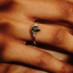 Tomfoolery TRIO Pear Cut Green Sapphire & Diamond Three Stone Ring Outlet