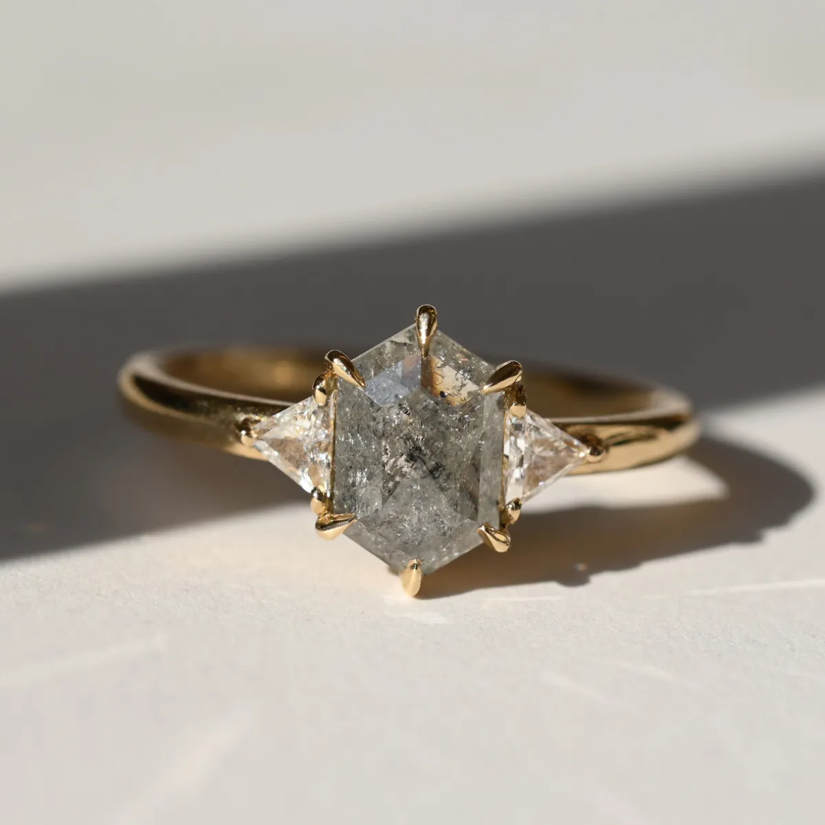 Tomfoolery TRIO Salt & Pepper Grey Hex Rose Cut Diamond Three Stone Ring Clearance