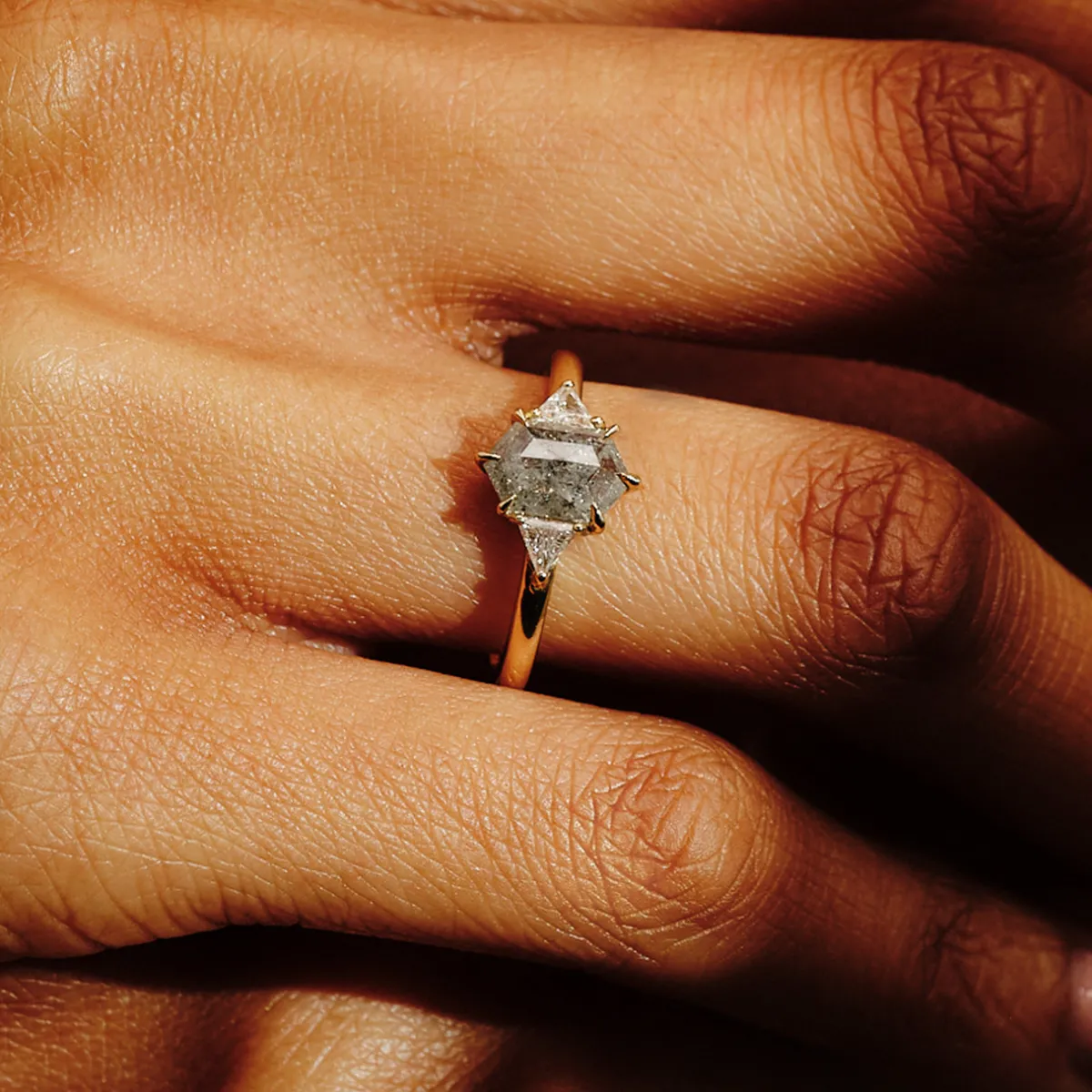 Tomfoolery TRIO Salt & Pepper Grey Hex Rose Cut Diamond Three Stone Ring Clearance