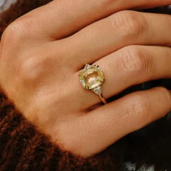 Tomfoolery TRIO Yellow Cushion Cut Sapphire Double Talon Claw & Diamond Ring Clearance
