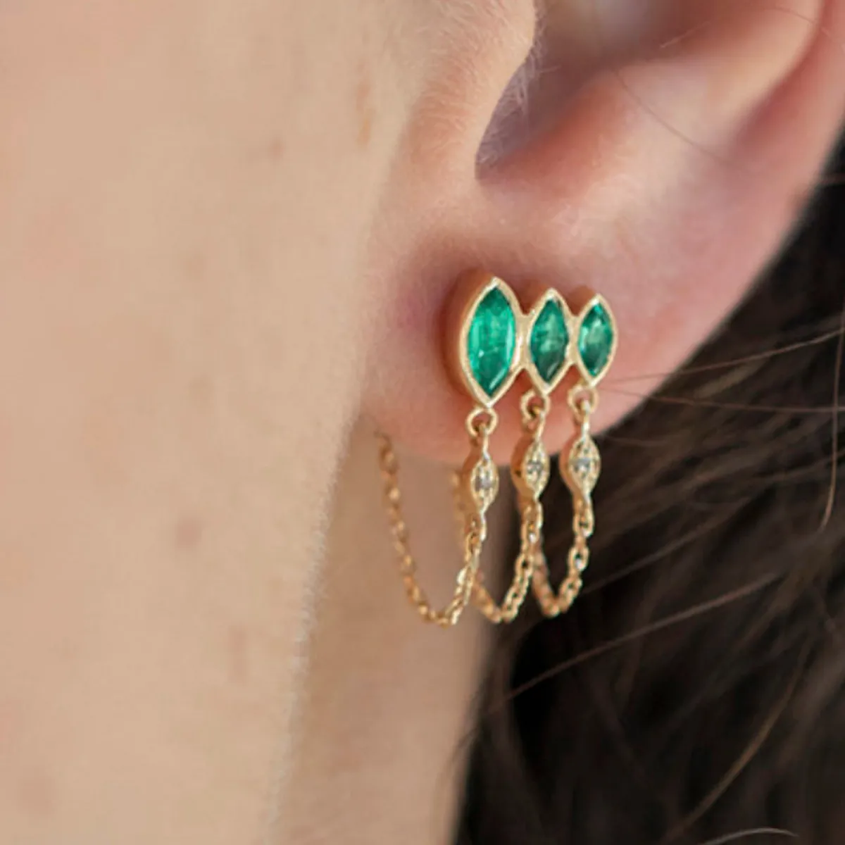 Tomfoolery Triple Marquise Emerald Chain Single Earring Fashion