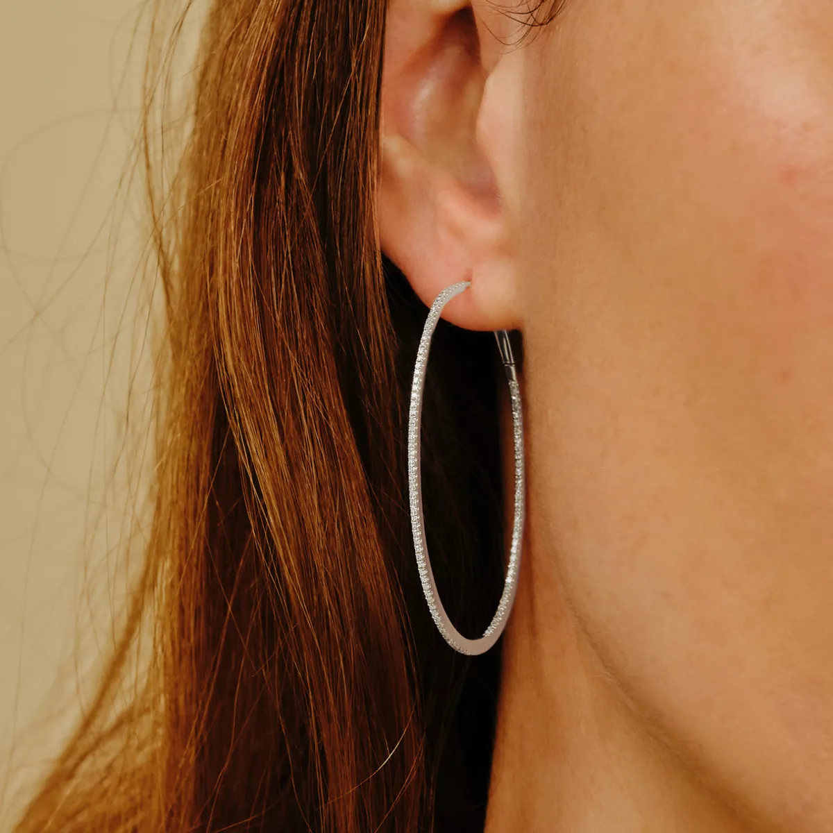 Tomfoolery White Gold Slim Diamond Pave Oval Large Hoops Outlet