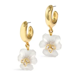 Tomfoolery White Pansy Crystal Lucite Hoop Earrings Clearance